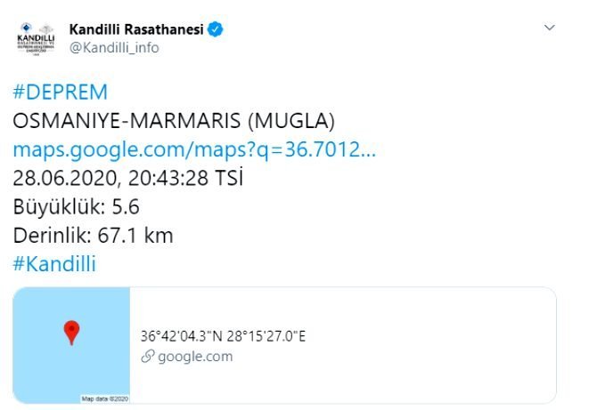 Marmaris'te 5,6 büyüklüğünde deprem