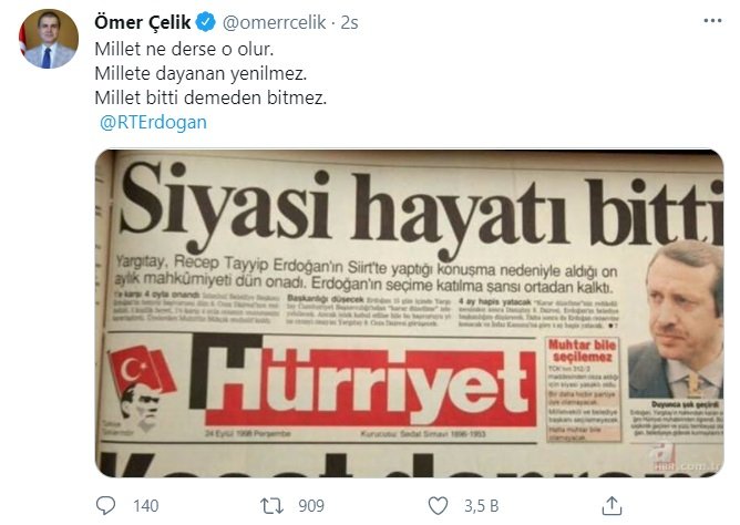 AKP Sözcüsü Ömer Çelik, Hürriyet'in 24 Eylül 1998'de attığı sürmanşete yanıt verdi: Millet bitti demeden bitmez