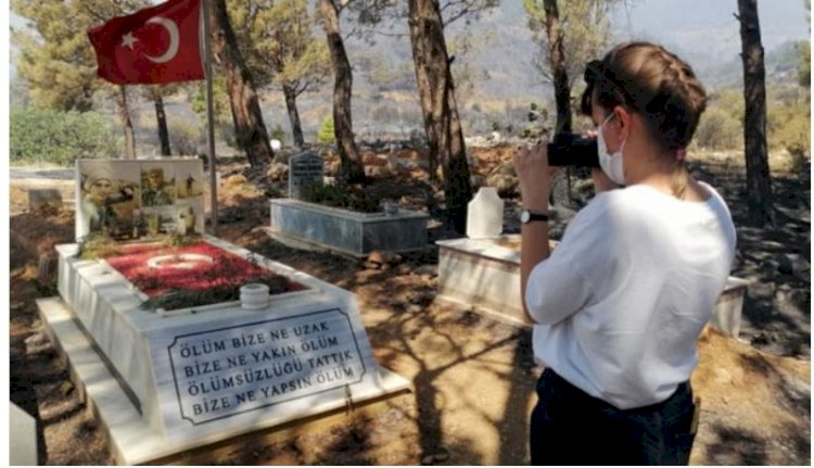 Şehit kabri ve Türk Bayrağı yangında zarar görmedi! Mersin'de inanılmaz olay