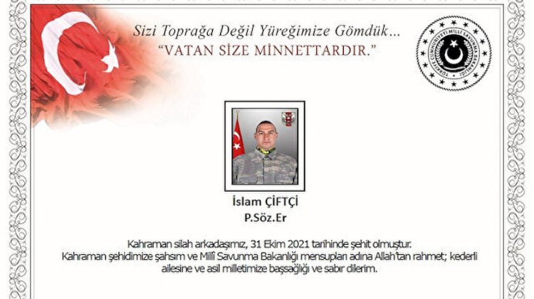 MSB: Irak kuzeyinde 1 askerimiz şehit oldu