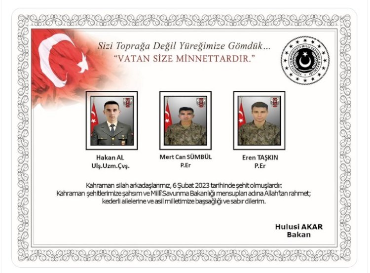 MSB: Hatay'da 3 asker depremde şehit oldu