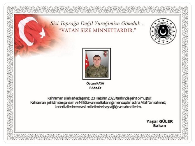Piyade Sözleşmeli Er Özcan Kaya, tedavi gördüğü hastanede şehit oldu