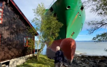 Norveç’te Uyandığında Bahçesinde Dev Bir Yük Gemisi Buldular