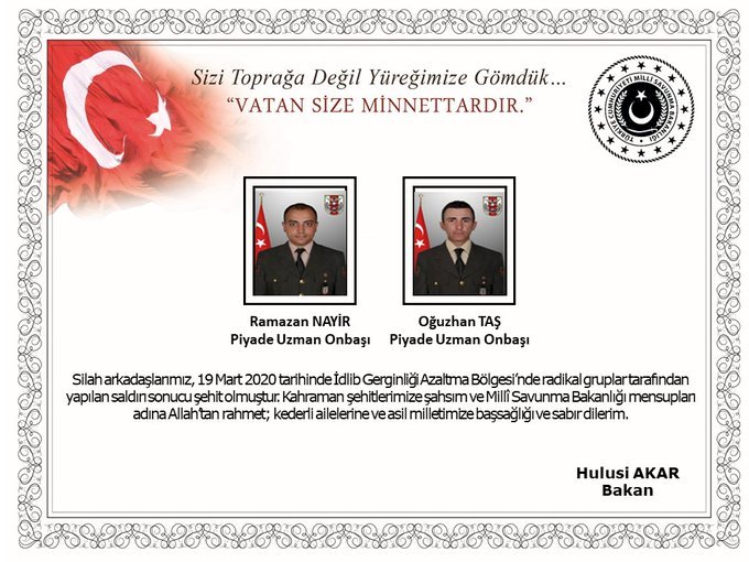 MSB: İdlib'de radikal grupların saldırısında 2 asker şehit oldu